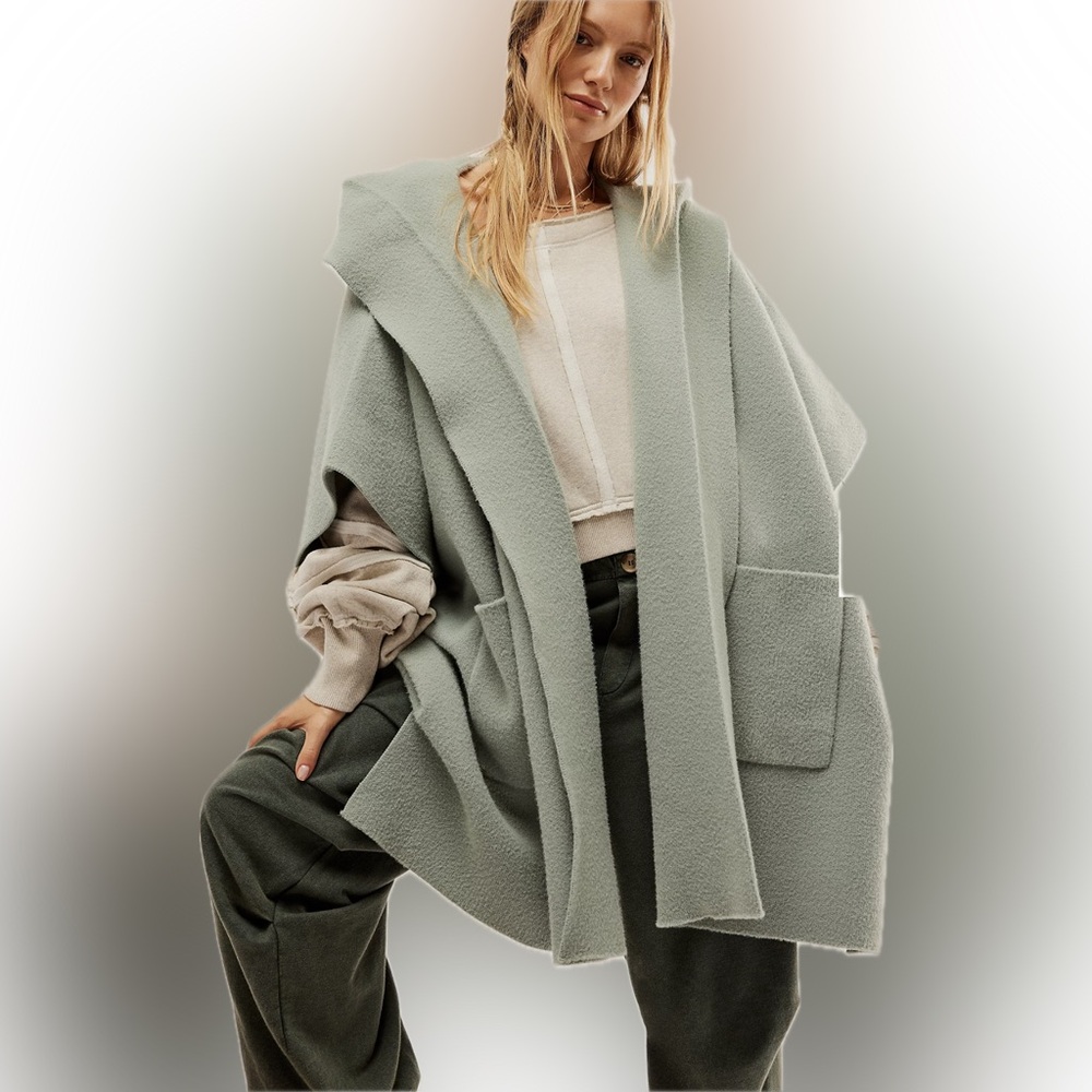 Free People -All I Need Cozy Hooded Duster in Pink , mustard Tan & Cobalt blue ! - Picture 3 of 6